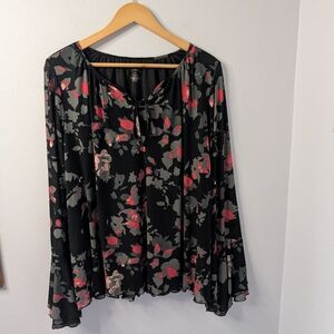 Lane Bryant Black Floral Blouse Long Sheer‎ Sleeve Size 14/16